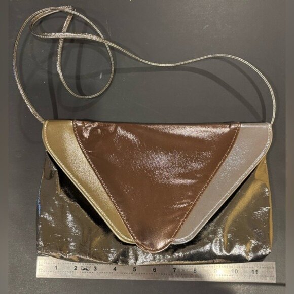 Vintage Gold Silver Bronze Metallic Envelope Crossbody Leather Clutch‎ Purse - Picture 9 of 12